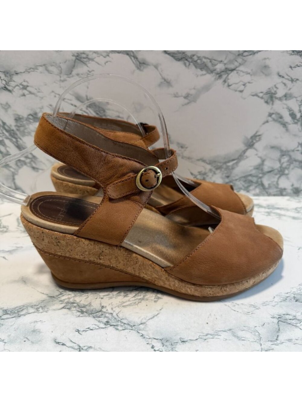 Dansko Women 39 US 8-8.5 Charlotte Sandal Tan Leather Cork Wedge Heel Peep Toe